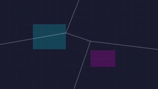Abstract digital technology background with geometric network lines and colored rectangles on dark grid