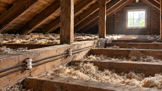 Knob and tube wiring on ceramic knobs along old attic joists - outdated home wiring and electrical inspection