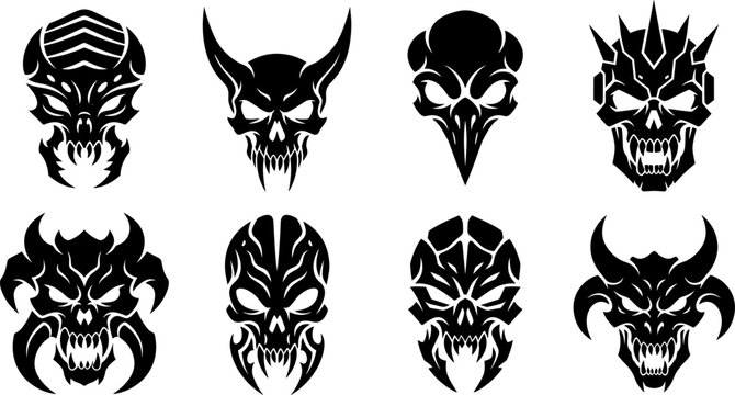 Set of eight vector illustrations of stylized demonic skulls and fantasy monster heads in black and white