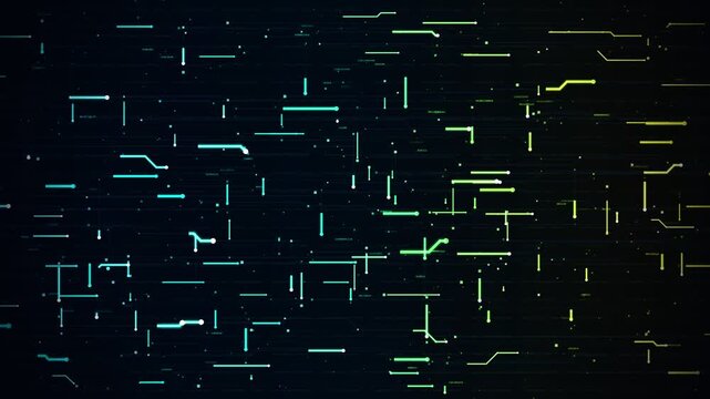 Futuristic digital circuit board pattern glows with cyan and yellow light. this high-tech cyber interface features animated data lines and green tech elements.