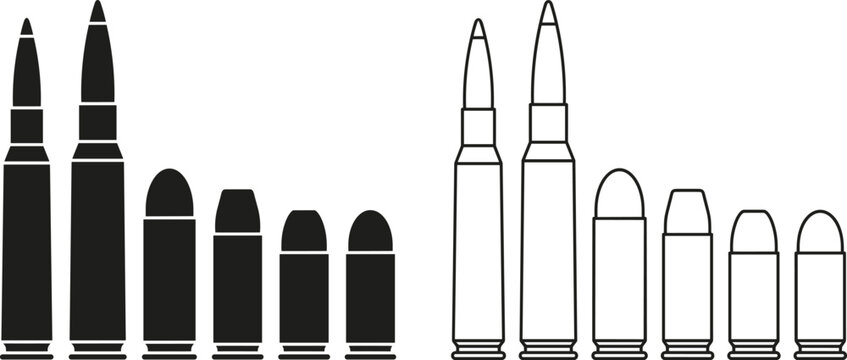Set of various firearm ammunition cartridges silhouettes