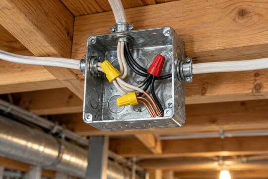 Open metal junction box with wire nuts and cables on a basement ceiling joist - home electrical wiring repair