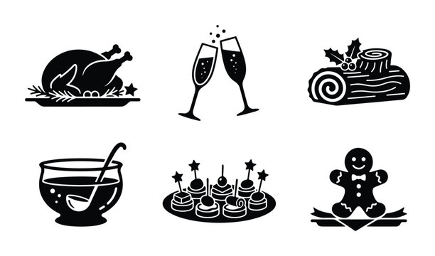 Holiday food and drink icons set with turkey, champagne, yule log, punch, appetizers and gingerbread man for festive celebration