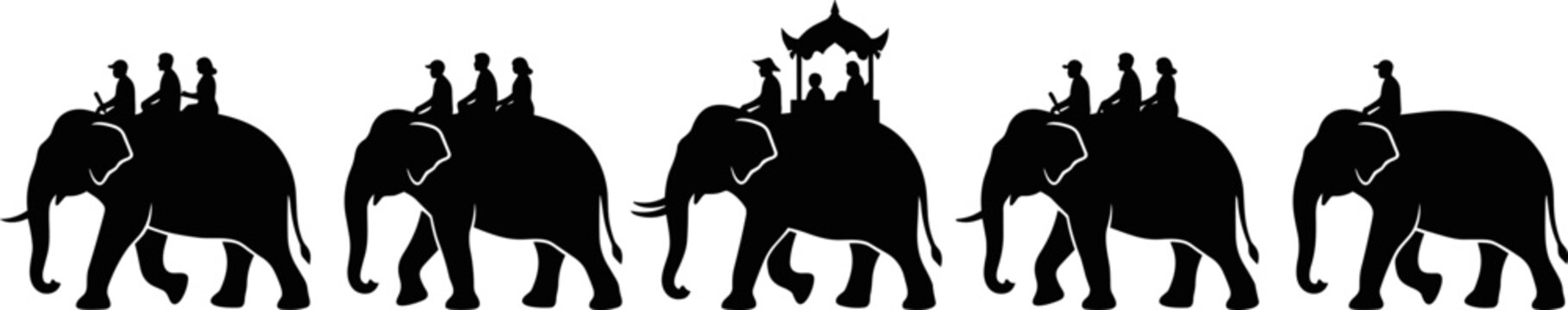 Silhouettes of elephants with people riding on their backs