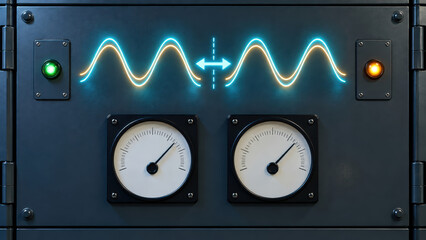 Plakat Electrical backup power readiness during grid maintenance with glowing alternating waveforms and analog meters