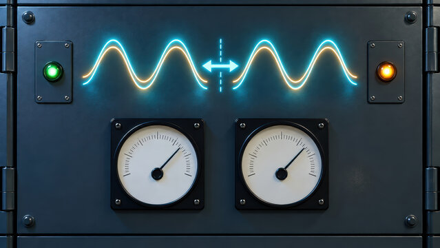 Electrical backup power readiness during grid maintenance with glowing alternating waveforms and analog meters