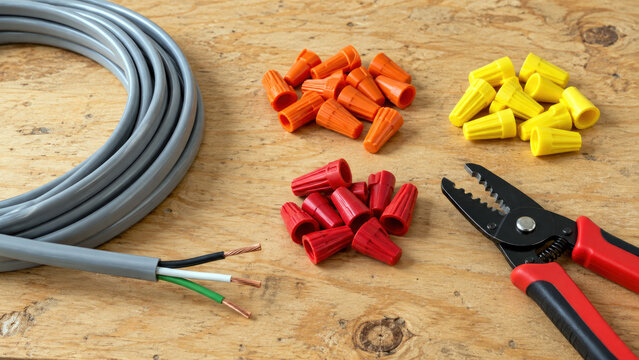 Wire nuts sorted by colour with cable and wire stripper on a plywood bench - electrician supplies and tools