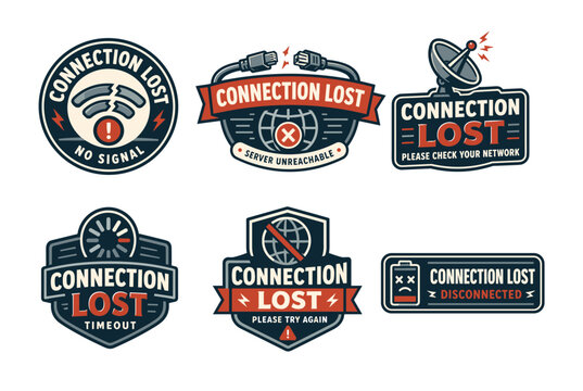 No signal network connection lost vintage badges set: vector disconnected ethernet cable emblems, radar dish antenna, dead battery, and timeout stickers