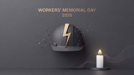 Naklejka premium International Workers' Memorial Day 2026 Commemoration Concept with Black Safety Hard Hat, Golden Lightning Bolt Symbol and Lit Candle on Minimalist Dark Background for Industrial Remembrance