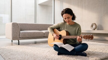 Naklejka premium Focused mature woman with curly hair playing acoustic guitar while sitting on a rug in a modern living room, practicing music from a notebook in a peaceful and bright home environment.