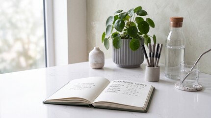 Naklejka premium Open Notebook with Intentional Habits Checklist on Minimalist White Desk with Green Potted Plant, Water Bottle, and Essential Oil Diffuser for Mindfulness and Productivity Lifestyle Concept