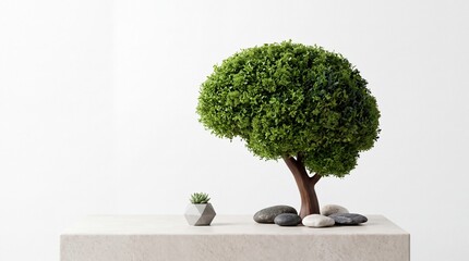 Naklejka premium Conceptual 3D illustration of a tree shaped like a human brain on a stone surface with pebbles and a small succulent, representing mental health, ecology, brain health, and sustainable thinking.