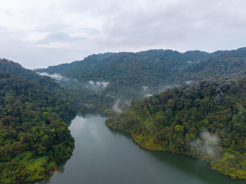 Misty forest hills embrace winding river below. Clouds linger where trees meet the waters edge at Ayer Itam Dam
