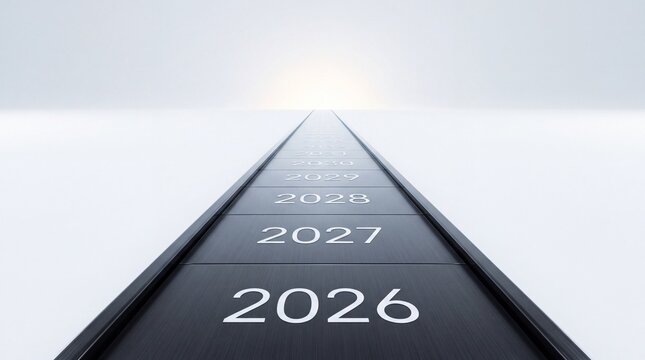 Conceptual 3D illustration of a long road representing a future timeline with years 2026 to 2030 and beyond, leading towards a bright glowing horizon, symbolizing progress and strategic planning.