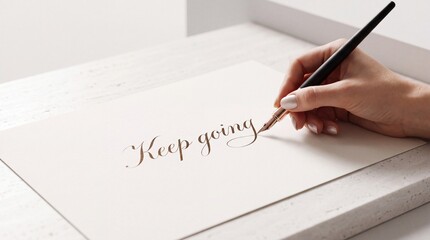 Naklejka premium Woman Hand Writing Motivational Quote Keep Going in Elegant Calligraphy with Fountain Pen on White Paper, Premium Business Growth Concept and Inspirational Message for Perseverance and Mindset