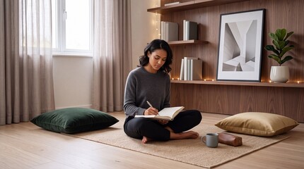 Naklejka premium Thoughtful young woman sitting on a rug in a modern minimalist living room, writing in a journal. Focused student or creative freelancer working from home, enjoying a calm and productive atmosphere.