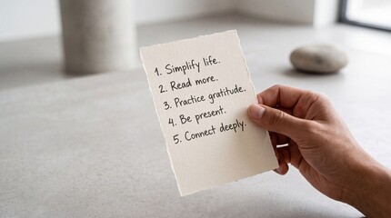 Naklejka premium Hand Holding Minimalist Paper with Handwritten Life Resolutions and Mindfulness Goals such as Simplify Life and Practice Gratitude, Wellness and Self Improvement Concept on Neutral Background
