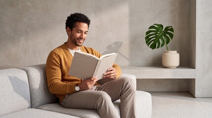 Naklejka premium Portrait of a Smiling Young Man of Mixed Ethnicity Enjoying a Good Book While Sitting on a Modern Sofa in a Minimalist Home Interior with Soft Natural Light and Indoor Plants