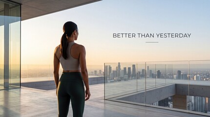 Naklejka premium Athletic woman in sportswear standing on a modern high-rise rooftop balcony, looking out at the city skyline during sunrise with motivational text Better Than Yesterday for fitness goals.