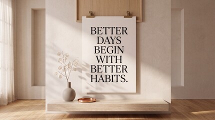 Naklejka premium Minimalist Interior Mockup featuring a Motivational Poster with Typography Better Days Begin with Better Habits, Aesthetic Room Decor with Dried Flowers and Warm Sunlight Shadows on Beige Wall