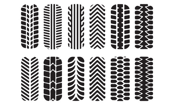 Assorted car tire tread silhouettes and track marks for automotive graphics and offroad designs.