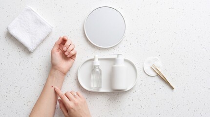 Naklejka premium Overhead view of a woman examining a small red skin spot or mole on her wrist, surrounded by white skincare bottles, a dropper, a mirror, and aesthetic beauty tools on a clean white surface.