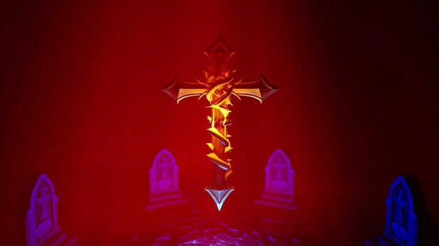 Red Gothic Graveyard with Floating Metallic Thorn Cross