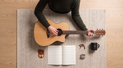 Naklejka premium Top view of a musician sitting on a cozy rug, playing an acoustic guitar and composing music with blank sheet music, a coffee mug, and accessories like a capo and picks on a wooden floor.