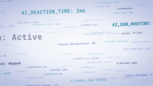 Light version, seamless loop of blue and teal AI code labels drifting through pale white 3D space, data processing telemetry for machine learning