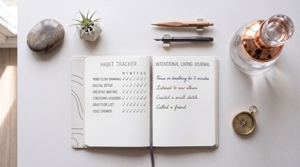Naklejka premium Top down overhead view of a minimalist habit tracker and intentional living journal on a clean white desk with elegant fountain pens, a compass, and decorative elements for mindful planning.