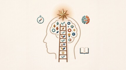 Naklejka premium Conceptual Digital Illustration of a Human Head Profile with a Ladder Leading to a Star, Representing Personal Growth, Education, Mindset Development, and the Path to Mental Success
