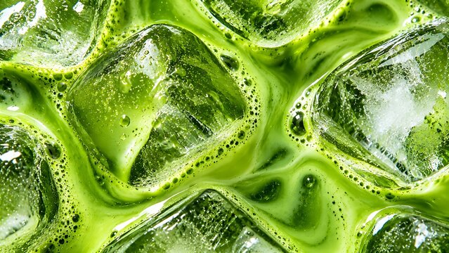 Iced matcha green tea macro macro view with melting ice cubes