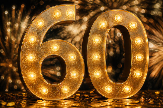 Two large, illuminated golden numbers "60" are displayed on a dark, textured surface with a blurred, warm background.