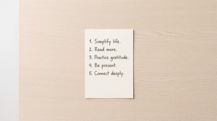 Naklejka premium Top View of a Handwritten List on a Card Placed on a Light Wooden Surface Featuring Motivational Life Lessons for Mindfulness, Gratitude, and Simple Living Goals