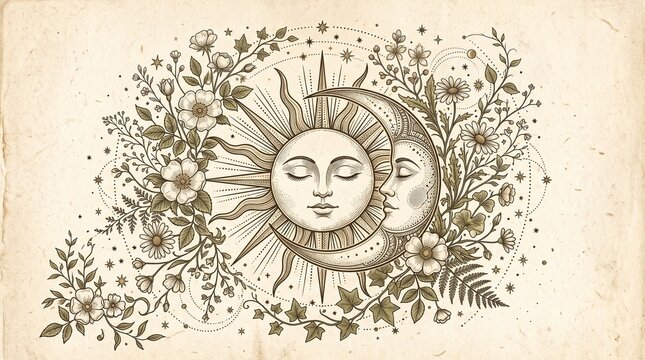 Mystical sun and moon faces surrounded by botanical floral frame on vintage background
