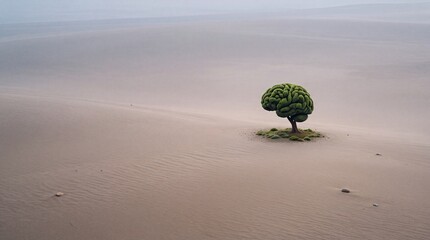 Naklejka premium Conceptual Surreal Image of a Green Tree with Foliage Shaped Like a Human Brain Standing Alone in a Vast Desert Landscape, Representing Intelligence, Mental Health, and Wisdom in Solitude.