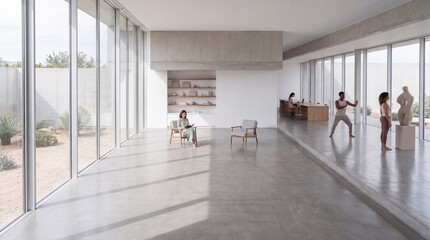 Naklejka premium Spacious minimalist modern architectural interior with large windows overlooking a desert garden, showing people reading, practicing tai chi, and working in a peaceful luxury atmosphere.
