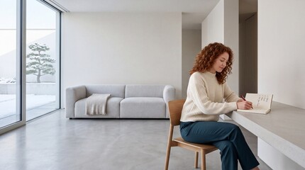 Naklejka premium A young woman with curly red hair writing in her journal while sitting in a bright, minimalist modern living room featuring a large window with a scenic view of a snowy winter landscape.