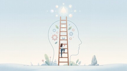 Naklejka premium Conceptual illustration of personal growth and mental development featuring a woman climbing a wooden ladder towards enlightenment and bright ideas within a human head silhouette profile.