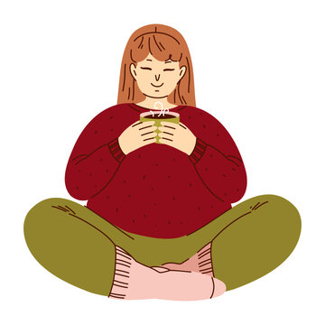 Woman Sitting Cross Legged and Drinking Tea from a Cup, Cozy Relaxation and Mindful Living Illustration for Wellness Branding, Self Care Blogs, Autumn Lifestyle, Tea Packaging and Editorial Design