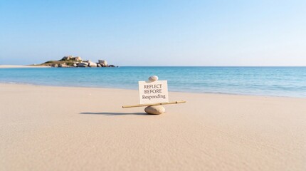 Naklejka premium Conceptual sign with message Reflect Before Responding balanced on stones at a beautiful tropical beach with turquoise ocean water, representing mindfulness, serenity, and emotional intelligence.