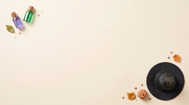 Minimalist halloween banner featuring a witch hat and magic potion bottles on a soft beige background
