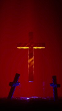 Floating metallic cross in red gothic graveyard, vertical animation