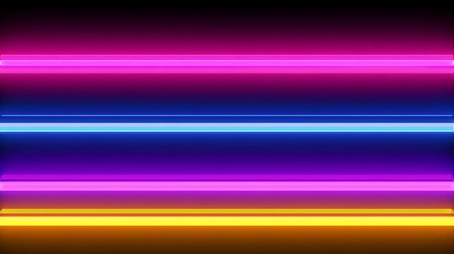 Vibrant neon lights showcase a layered spectrum of magenta, blue, yellow, and purple hues, representing modern technology concept
