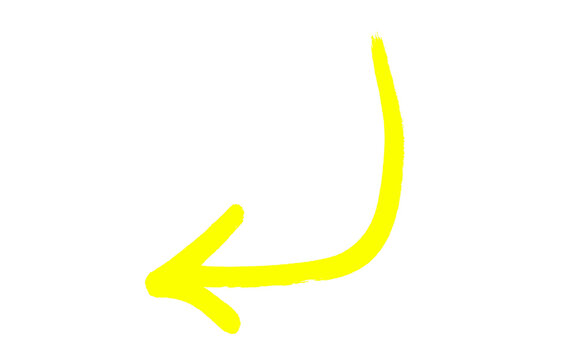 Bright yellow hand-drawn arrow, curved pointer symbol on white, minimalist marker stroke pointing down and left, directional sign for marketing