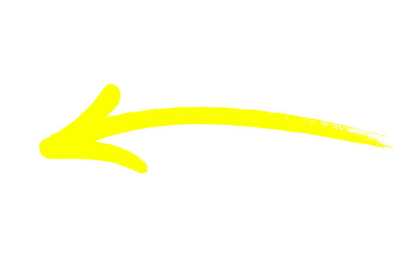 Hand-drawn yellow arrow pointing left, vibrant brush stroke marker sign, minimalist directional symbol for creative marketing and web design