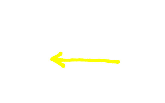 Bright yellow hand-drawn arrow pointing left, minimalist sketch of directional pointer on white background, marker stroke illustration for navigation
