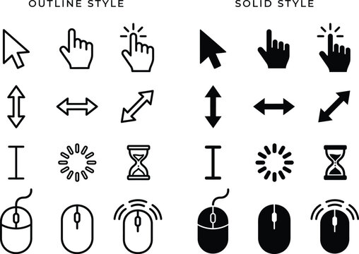 Mouse Cursor, Hand Pointer, Loading and Resize Arrow Icons Set &ndash; Outline and Solid Black