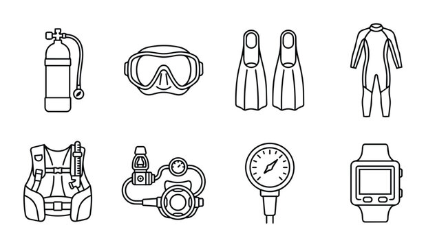Scuba diving equipment line icons set with mask, fins, wetsuit and gear for underwater sport
