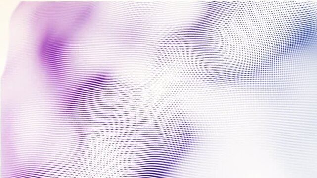 Soft lavender halftone waves gently shift and ripple across a bright white background. Airy pastel abstract motion for modern design, seamless loop.